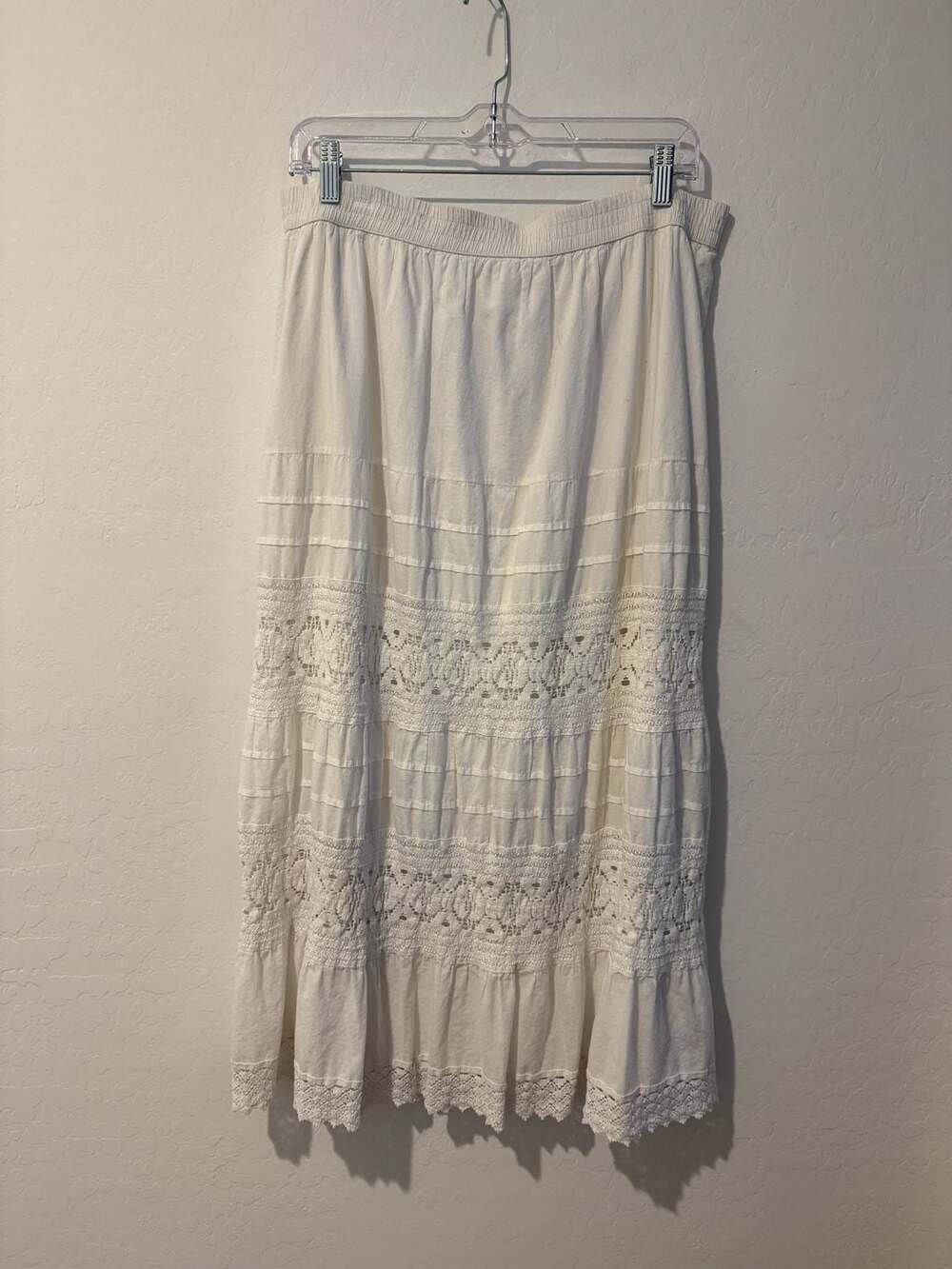 Vintage St. John's Bay White Cotton Tiered Lace Trim Midi Skirt Size Medium